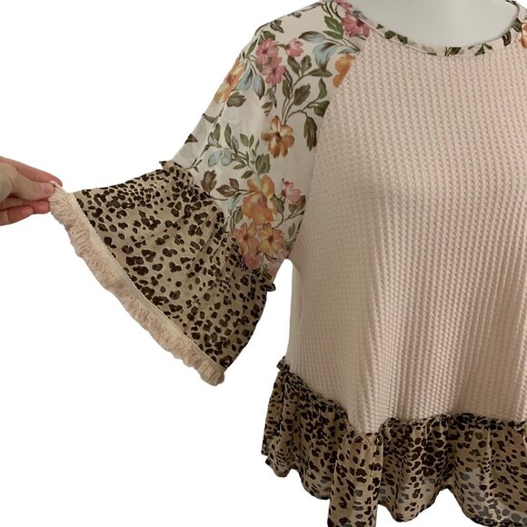 Umgee Tan Ruffle Top Small Short Sleeve Boho Festival Romantic Flowy - Picture 2 of 6